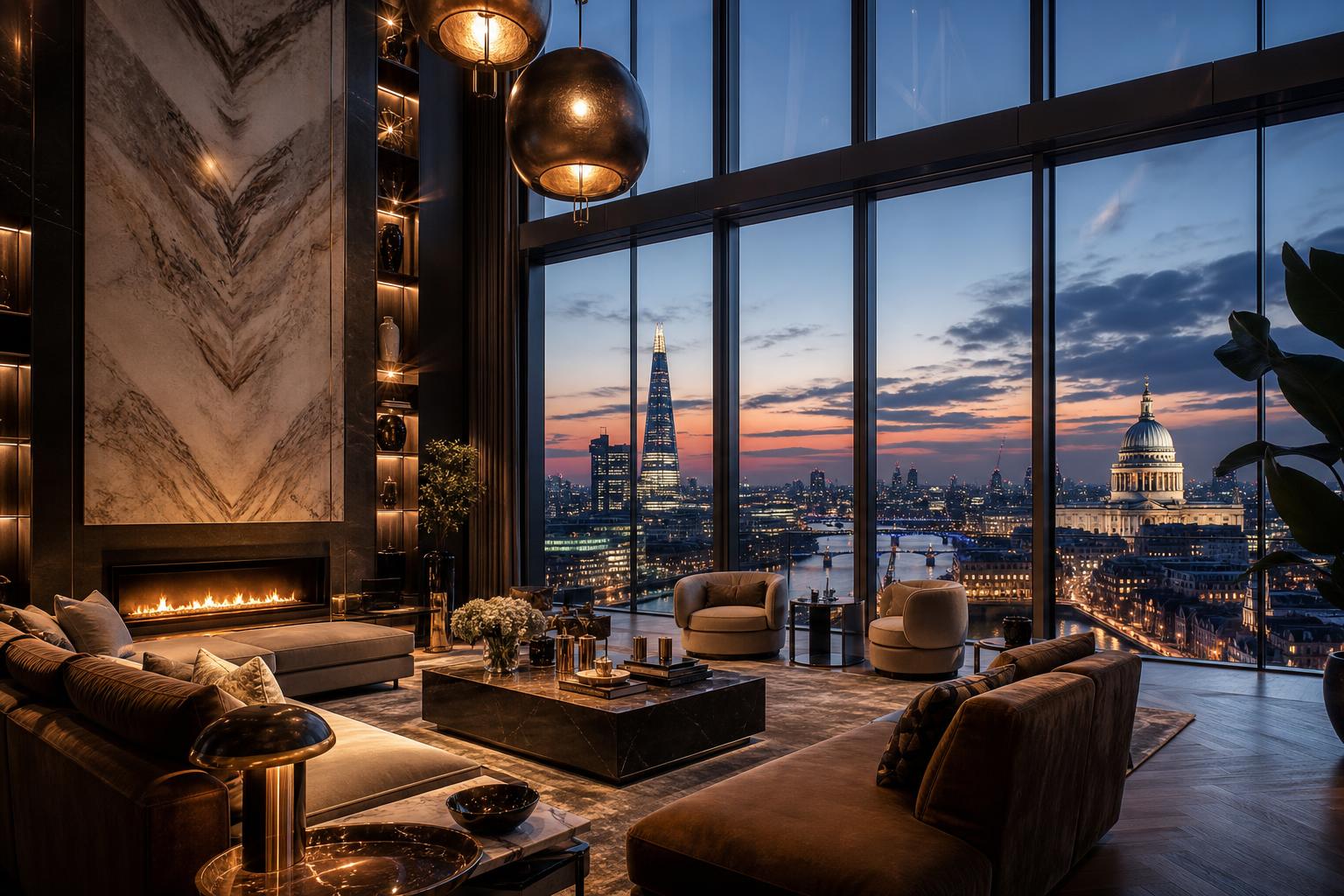 Modern UK architectural home at golden hour with glazed façade and stone forecourt , Buildluxe luxury construction